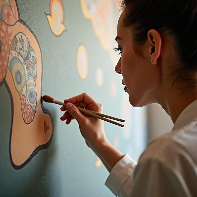 Họa sĩ Lotus Art đang vẽ tranh tường spa tỉ mỉ, chuyên nghiệp từng chi tiết